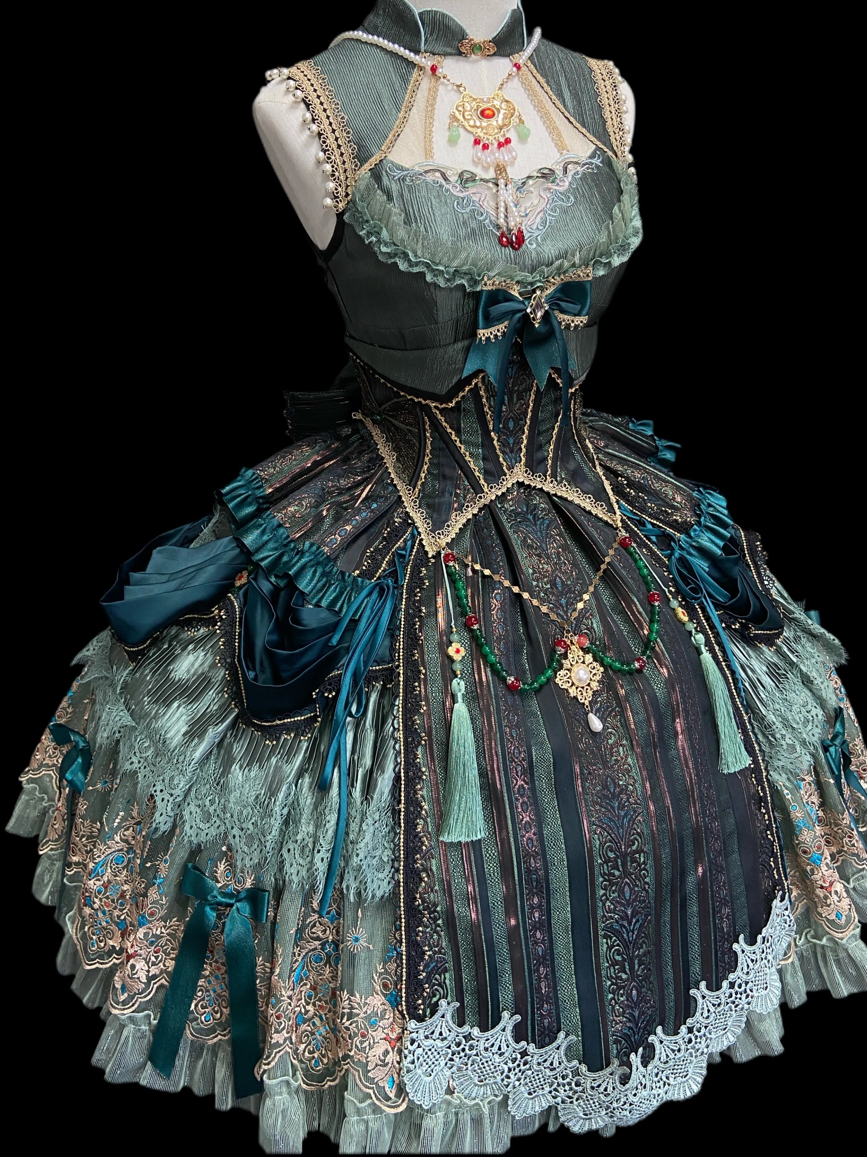 Candle Dragon Spirit Lolita Fantasy Green JSK Dress Set