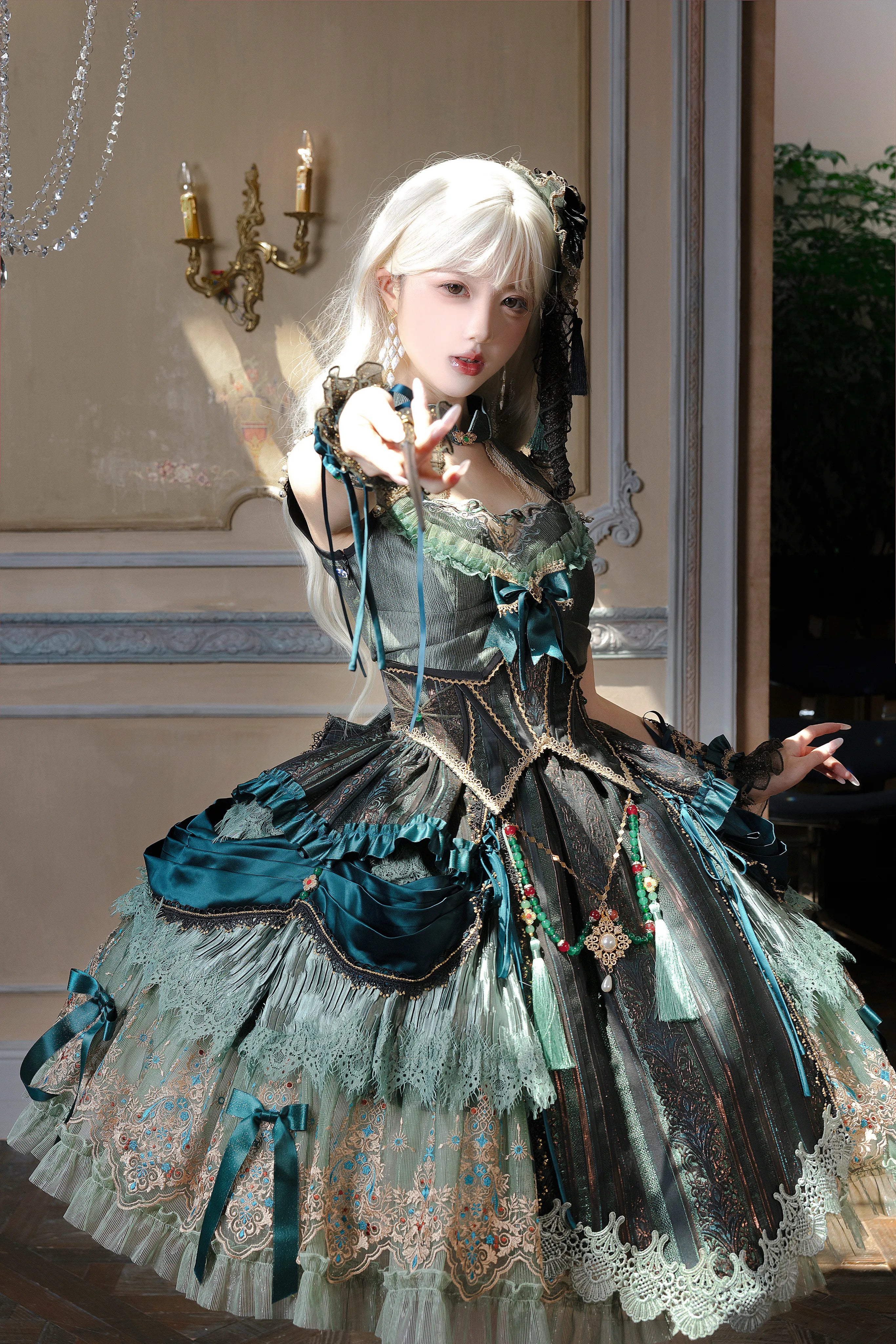 Candle Dragon Spirit Lolita Fantasy Green JSK Dress Set