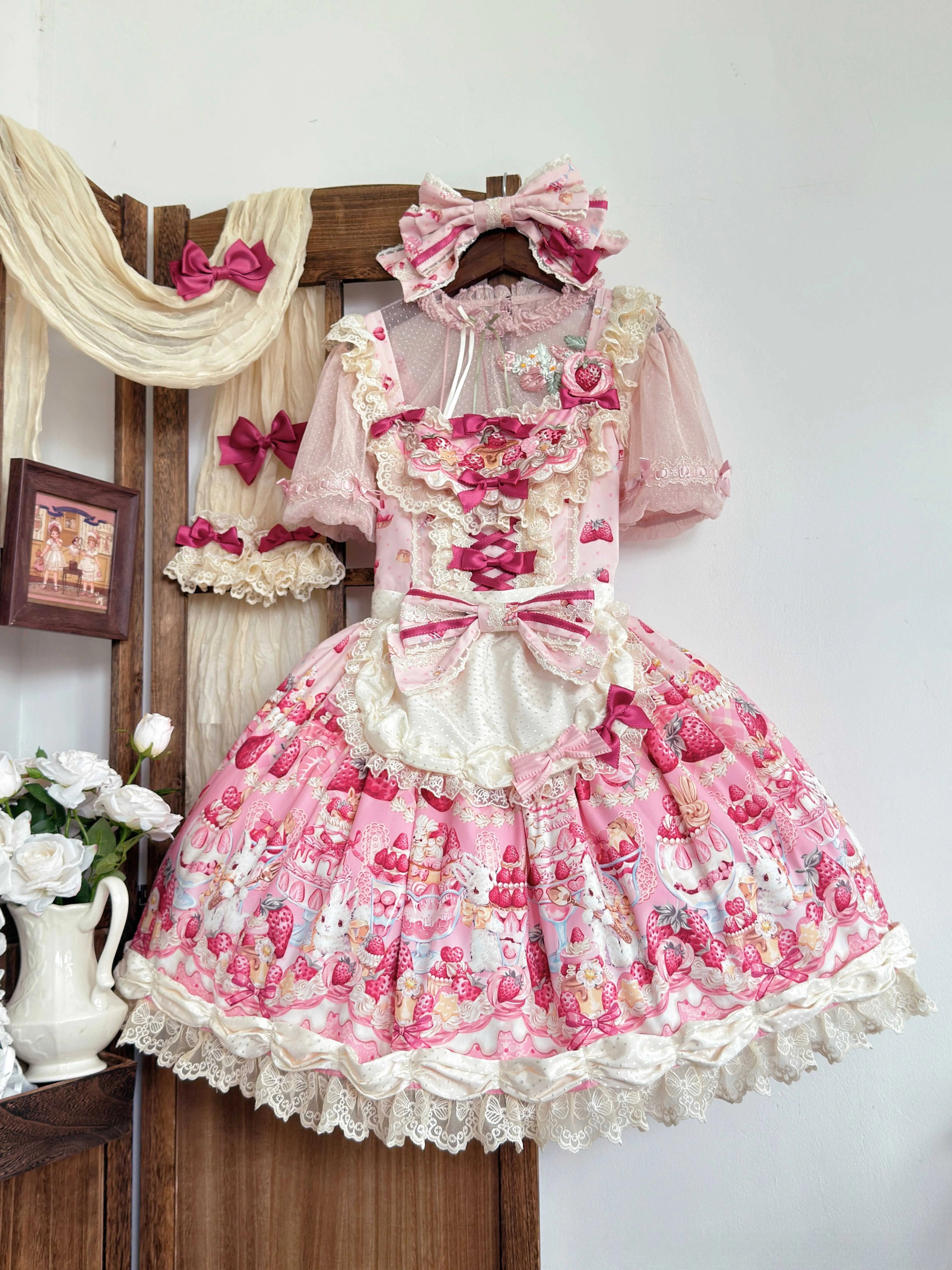 Parfait Dessert Bunny Sweet Cute Strawberry Print Embroidered JSK