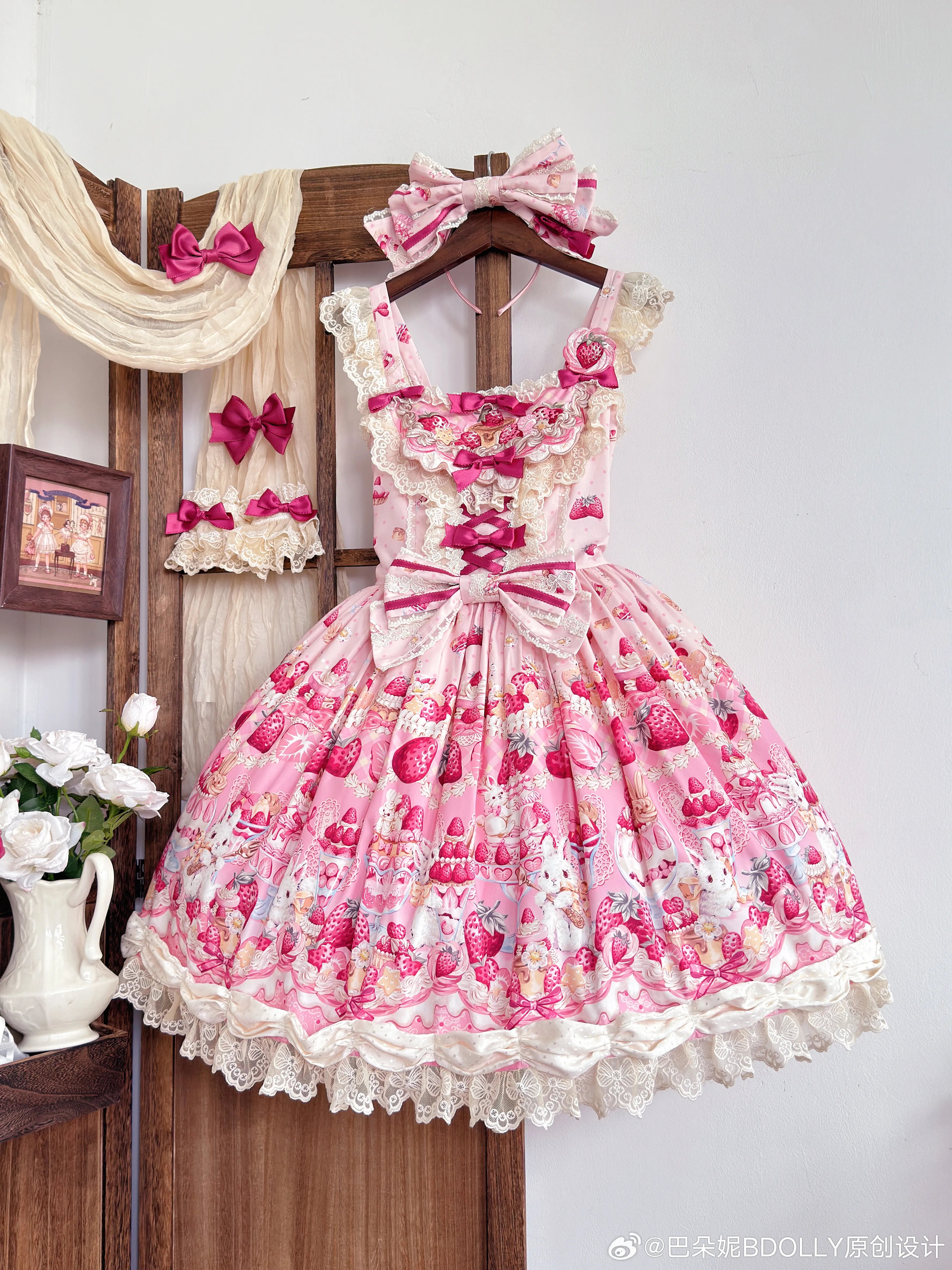 Parfait Dessert Bunny Sweet Cute Strawberry Print Embroidered JSK