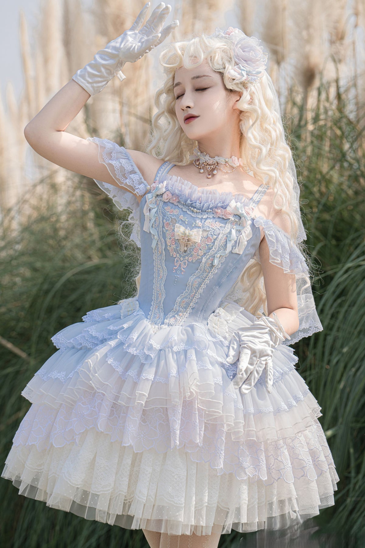Dream Dance Lolita Bridal Embroidered Blue Boned Corset Dress