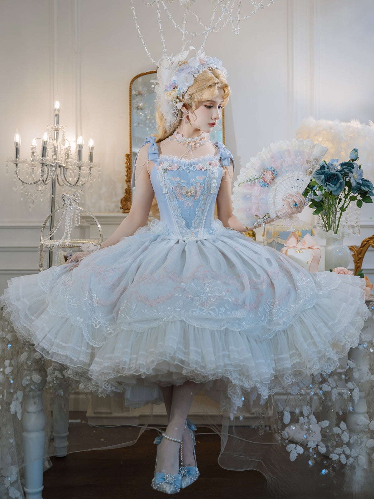 Dream Dance Lolita Bridal Embroidered Blue Boned Corset Dress