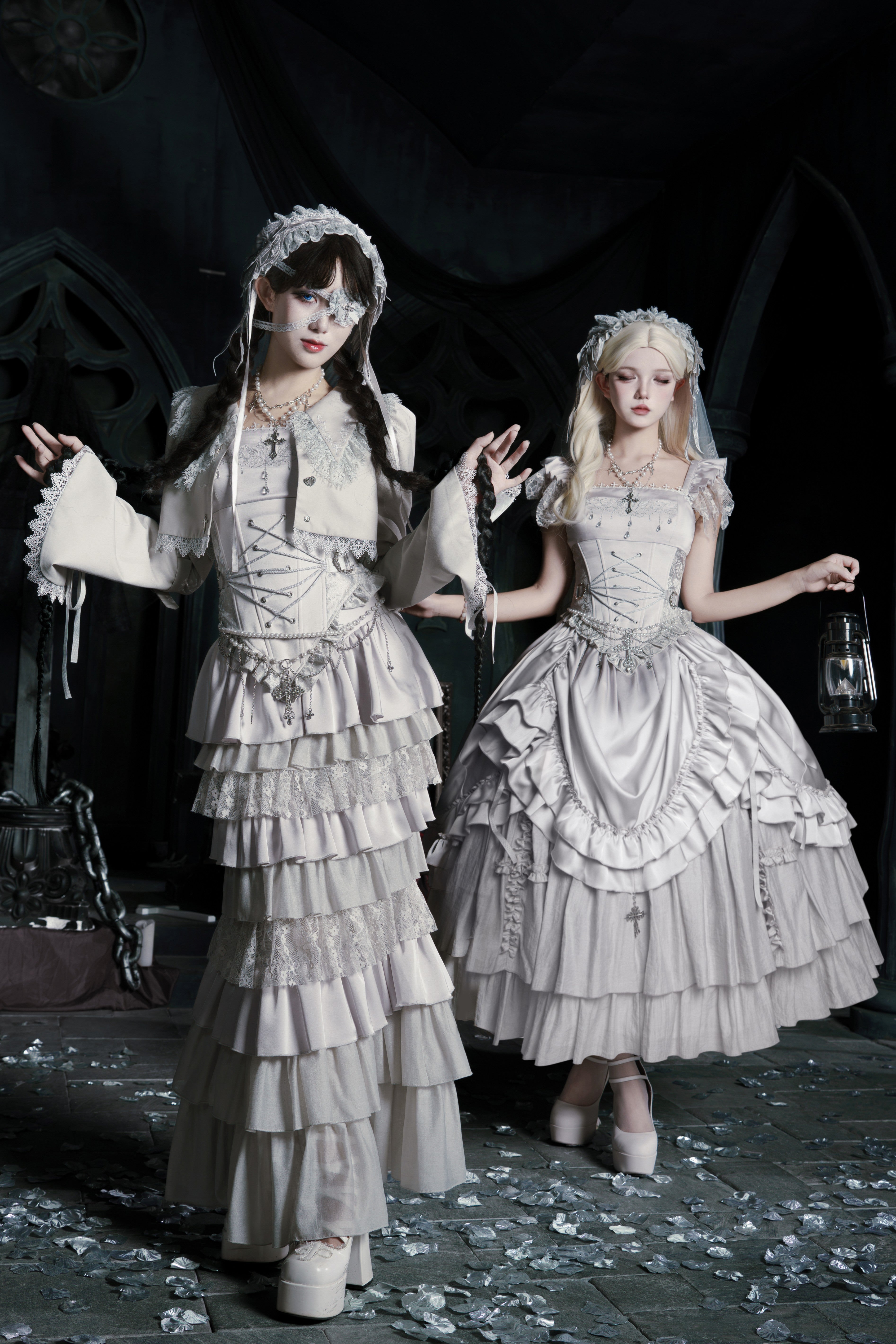 Bionic Humanoid Gothic Lolita Grey Silver Cross Corset Mermaid Cake Skirt Set