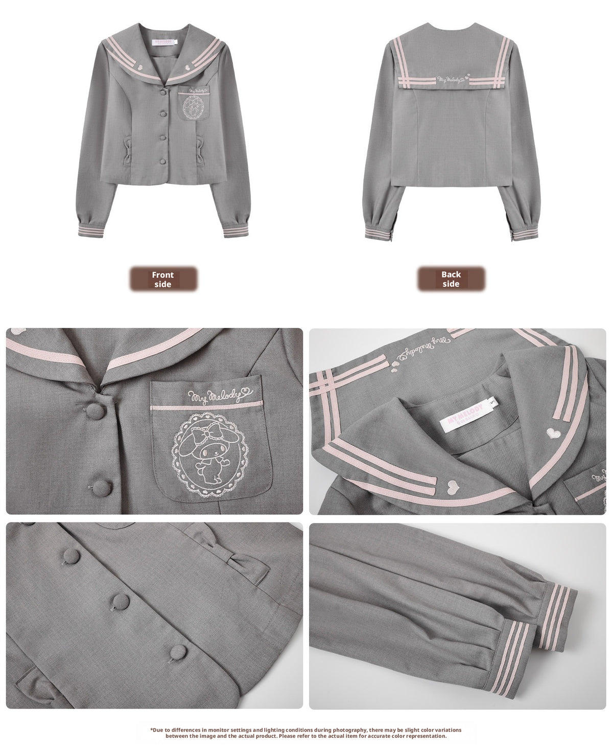 My Melody Gray JK Sailor Uniform Long Sleeve Top Pleated Skirt Bow Tie Set
