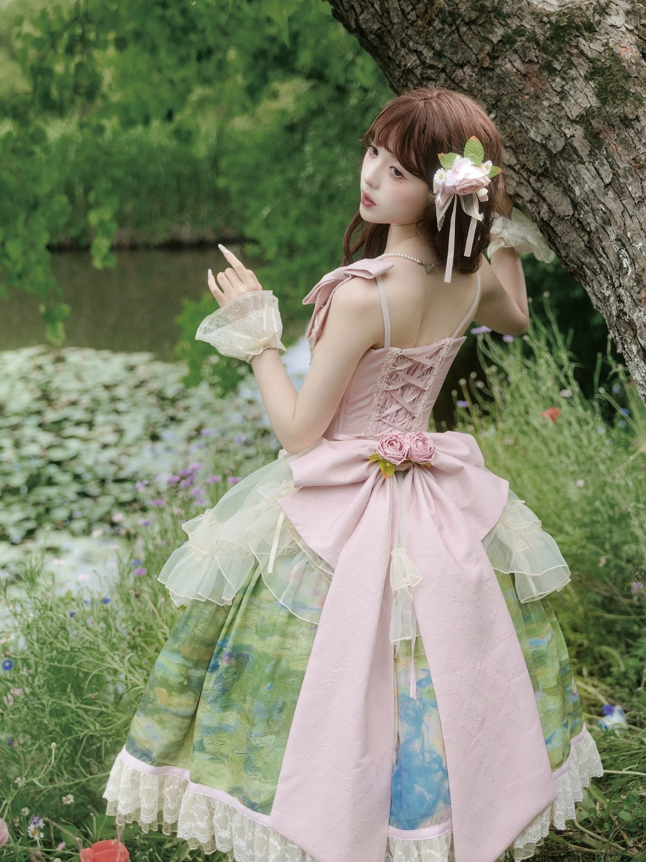 Ensemble Robe et Corset Lolita Classique "Le Jardin de Monet" (Peinture à l'Huile)