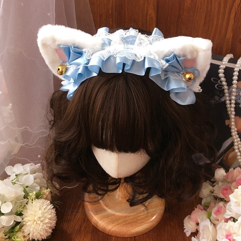 Plush Cat Ear Lace Lolita KC Headband with Bell Classic Vintage Style