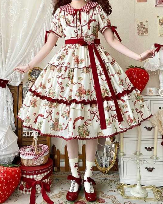 Lolita Sweet Strawberry Bear Cookie OP Dress LS1021