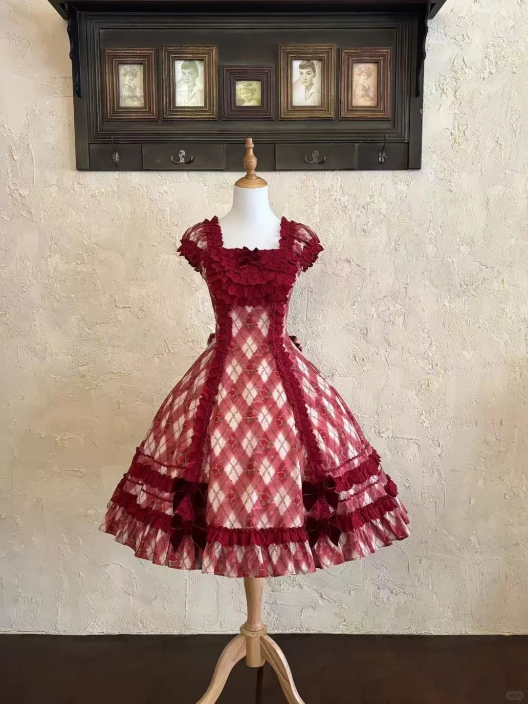 Red Pencil Lolita Vintage Diamond Floral Print Ruffled Red JSK Dress