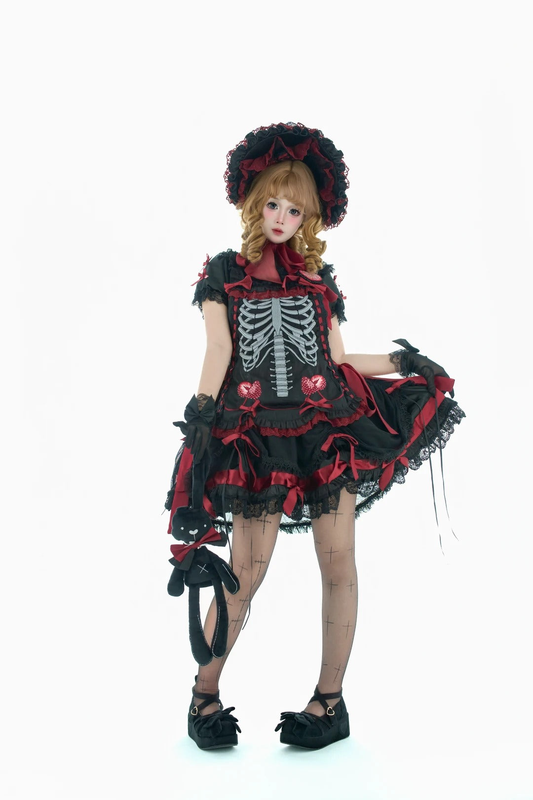 Strawberry Heart Bone Black and Red Gothic Lolita OP Dress