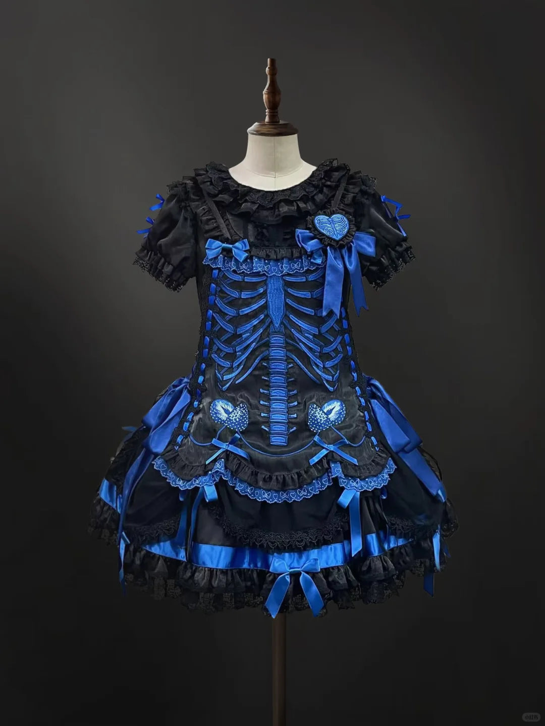 Strawberry Heart Bone Black and Blue Gothic Lolita OP Dress