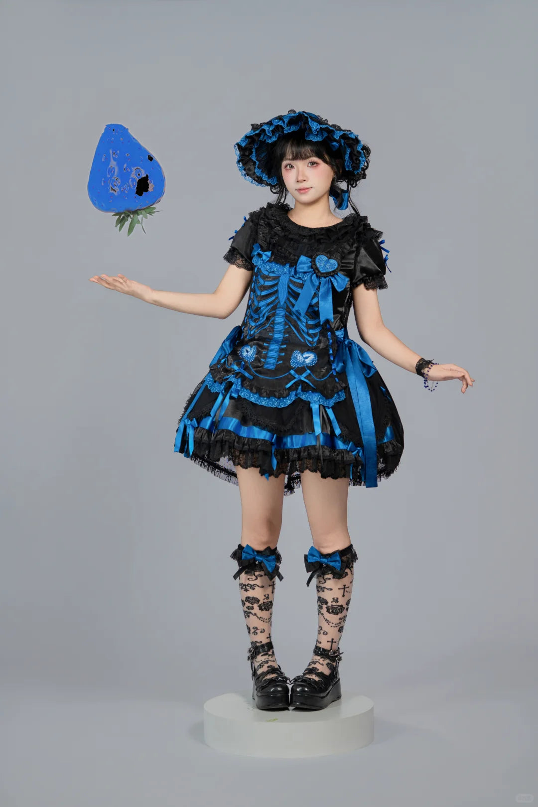 Strawberry Heart Bone Black and Blue Gothic Lolita OP Dress