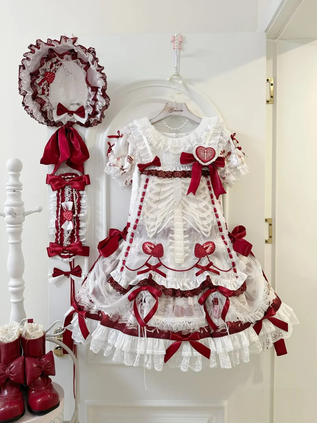 Strawberry Heart Bone White Red Gothic Lolita OP Dress or JSK