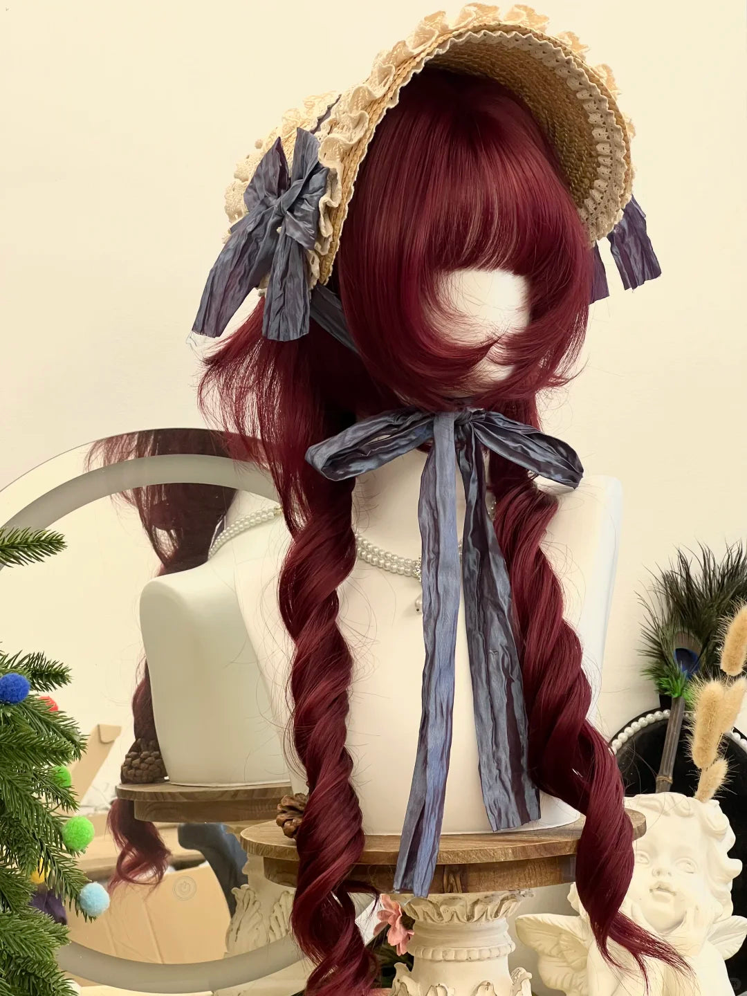 Lolita Burgundy Romantic Long Curly Wig with Rose Net Cap