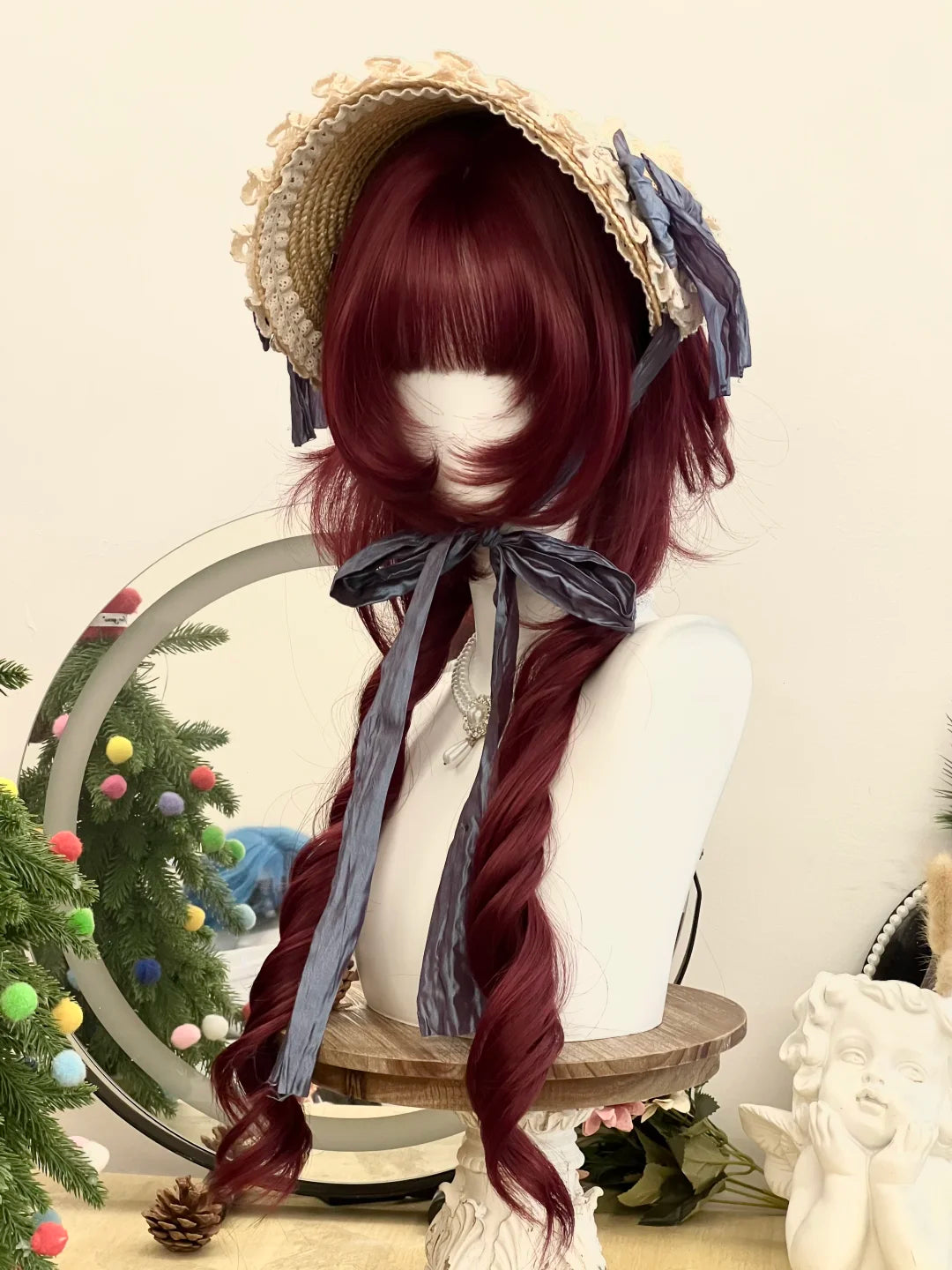 Lolita Burgundy Romantic Long Curly Wig with Rose Net Cap