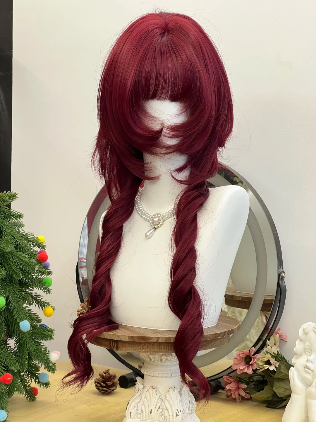 Lolita Burgundy Romantic Long Curly Wig with Rose Net Cap