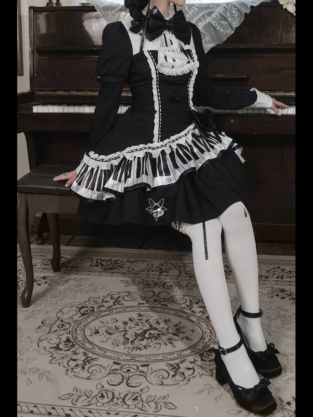 lvory & Eboony Piano Keys Black & White Gothic Stand Collar Cinched Dress