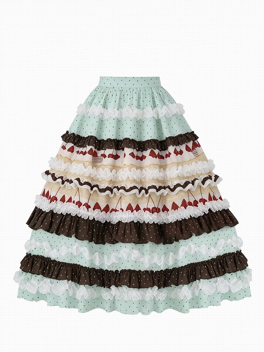 Chocolate Strawberry Polka Dot Puffy Long Cake Skirt