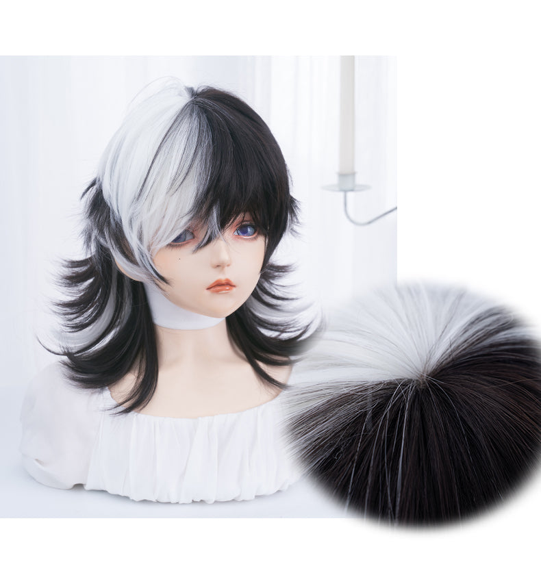 Half Black Half White Split-Dye Wolf Cut Wig LE7030