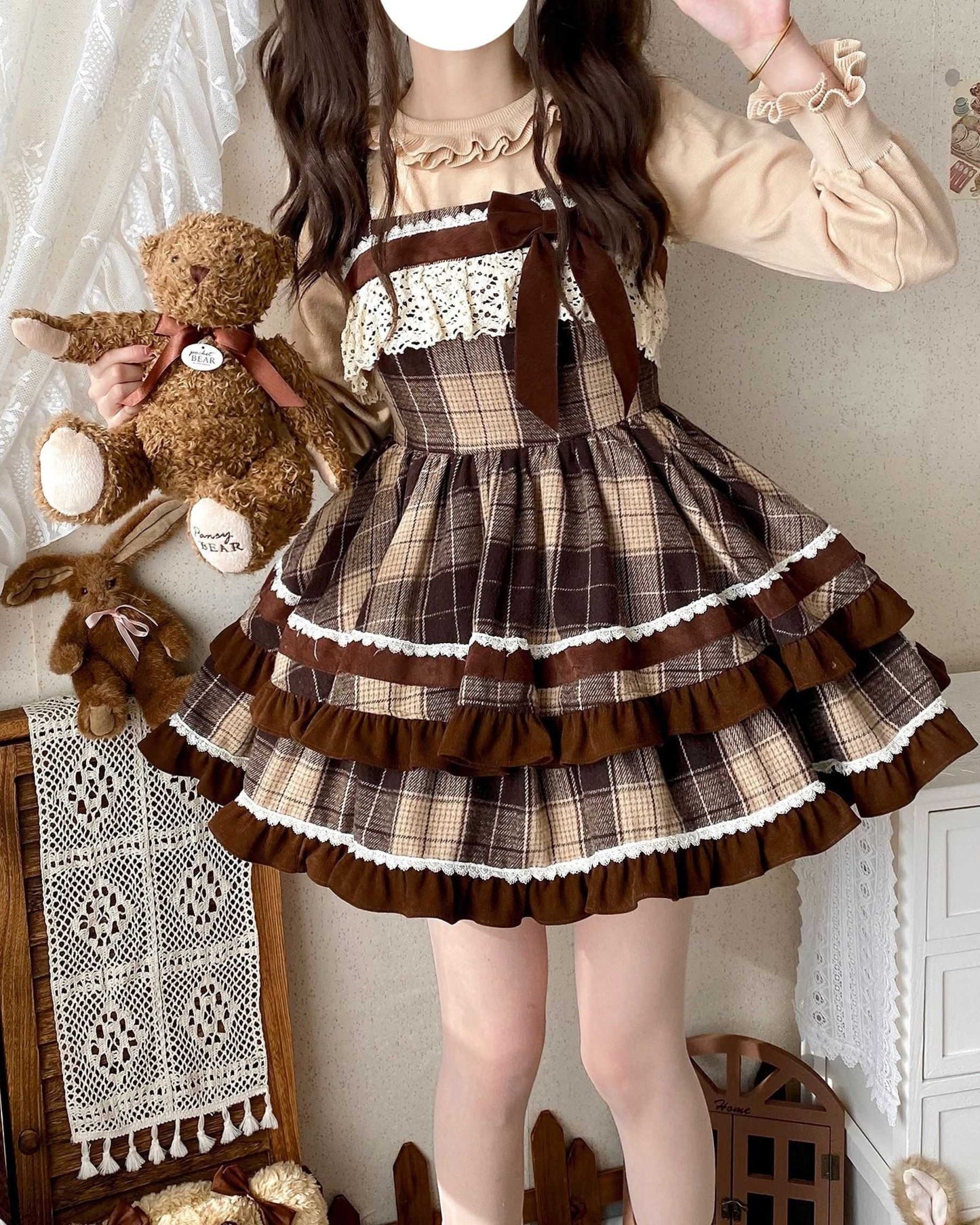 Lolita Caramel Cocoa Sweet Plaid JSK Dress LS1018