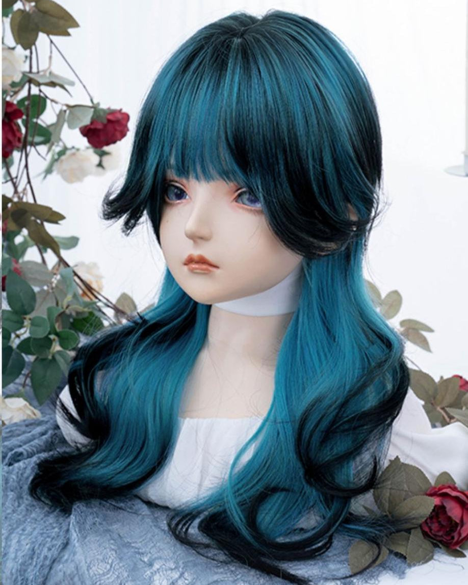Blue Highlights Long Curly Y2K Wig
