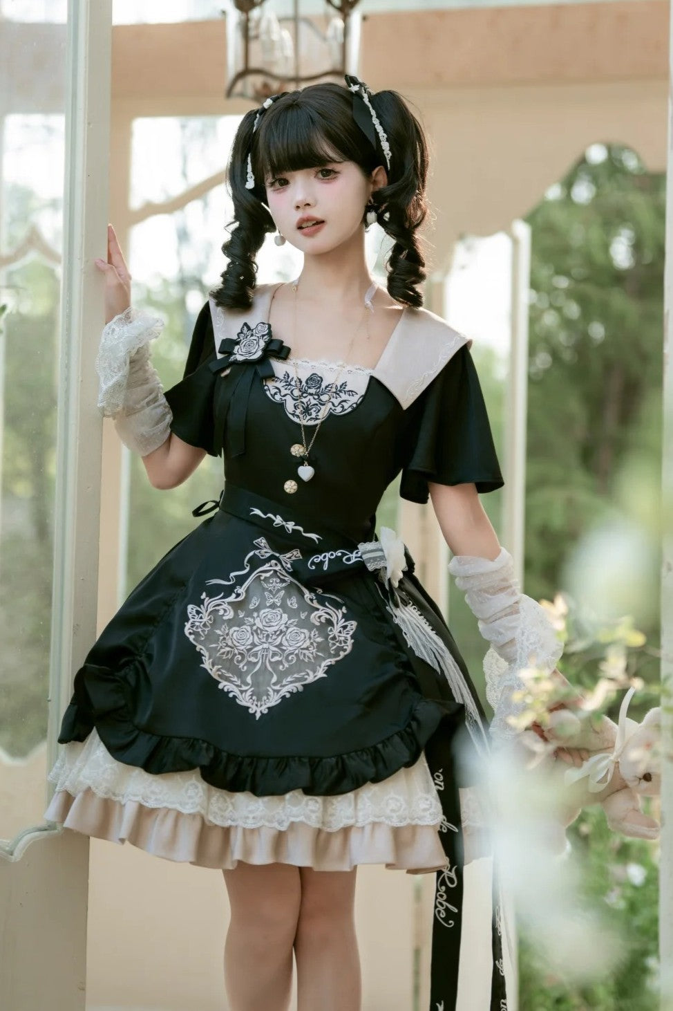 Glaze Floral Realm Lolita Printed Black OP Dress Set