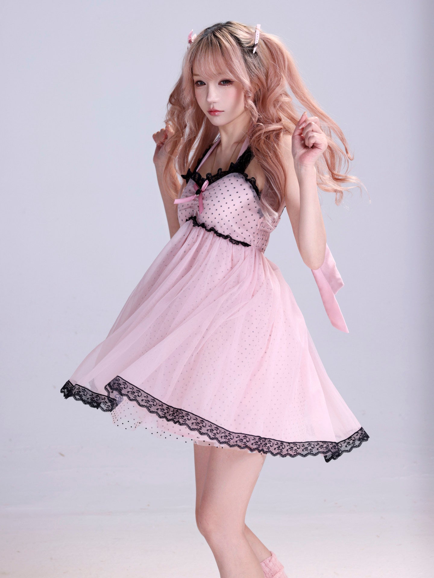 Black Pink Polka Dot Lace Cami Dress