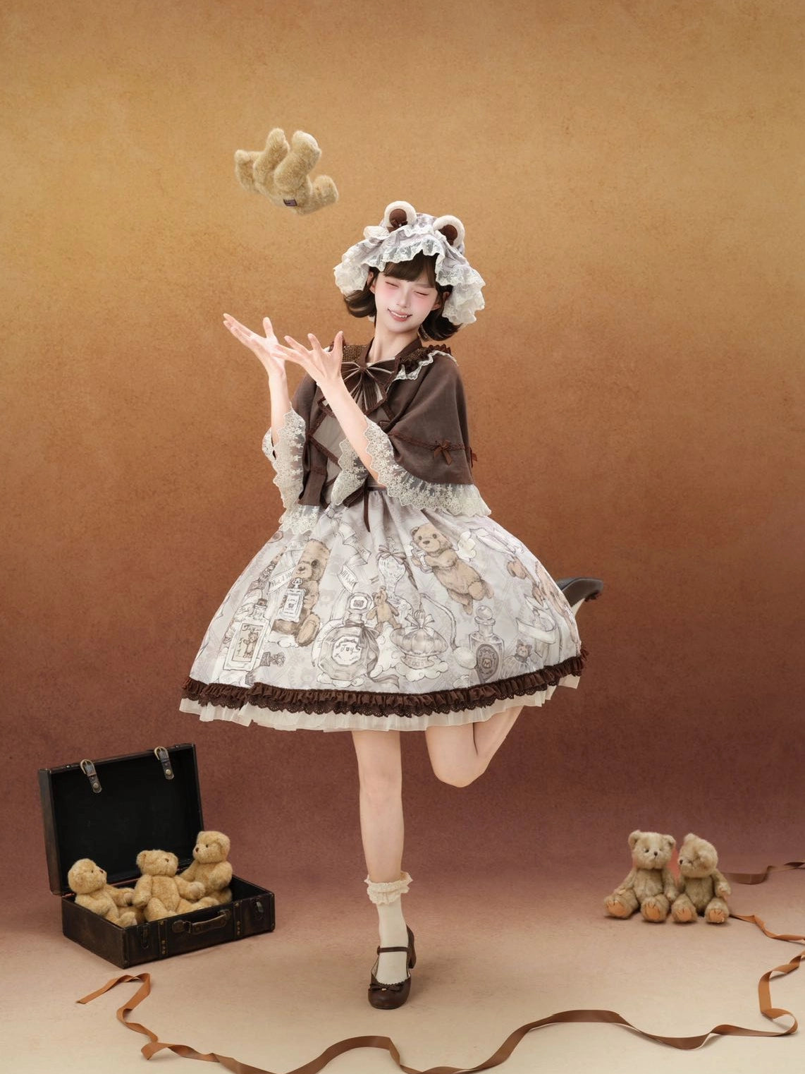 Fula Bear's Perfume Shop Lolita Vintage Bear Print OP Dress