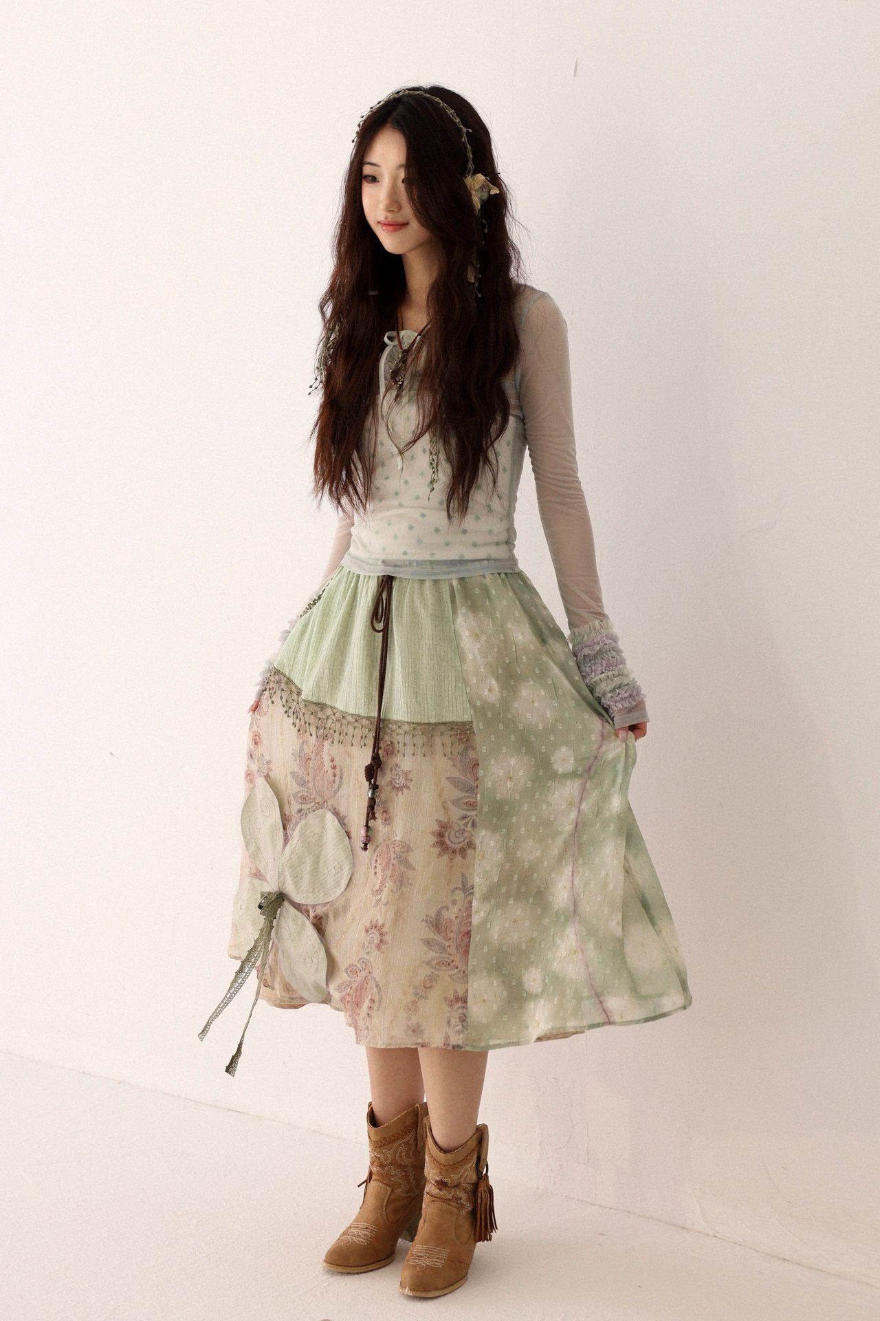 White Clover Sage Green Irregular Patchwork Drawstring Midi Skirt