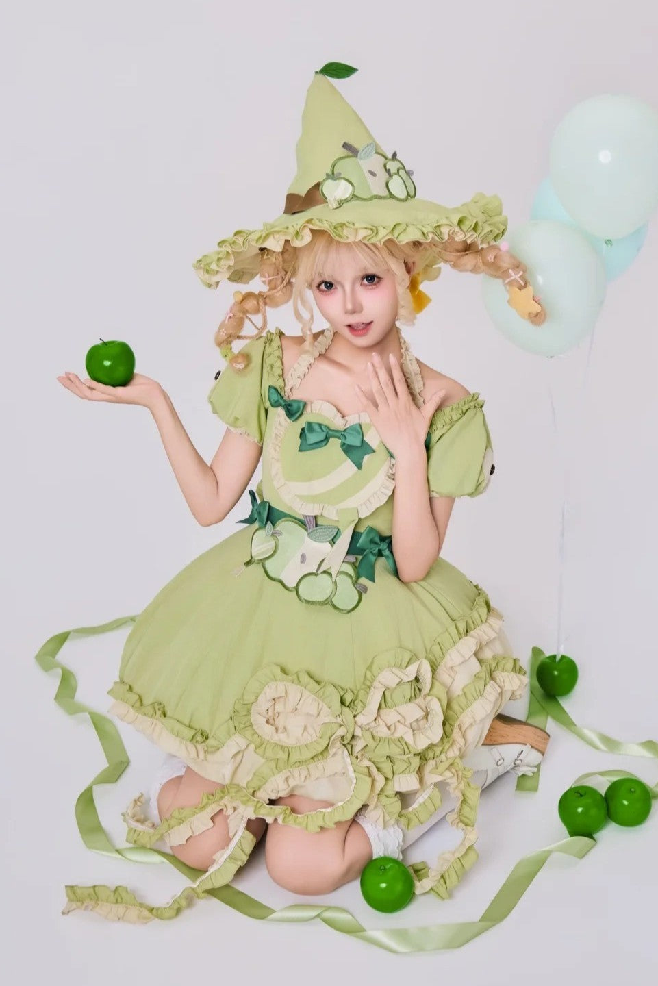 Magic Apple Green Cartoon Sweet Lolita OP Set with Bloomers