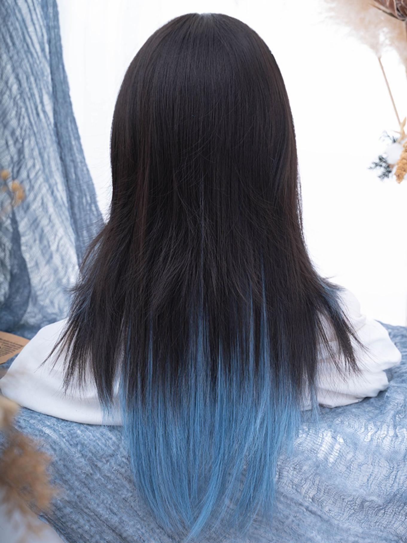 Long Straight Black to Blue Y2K Mixed Color Wig