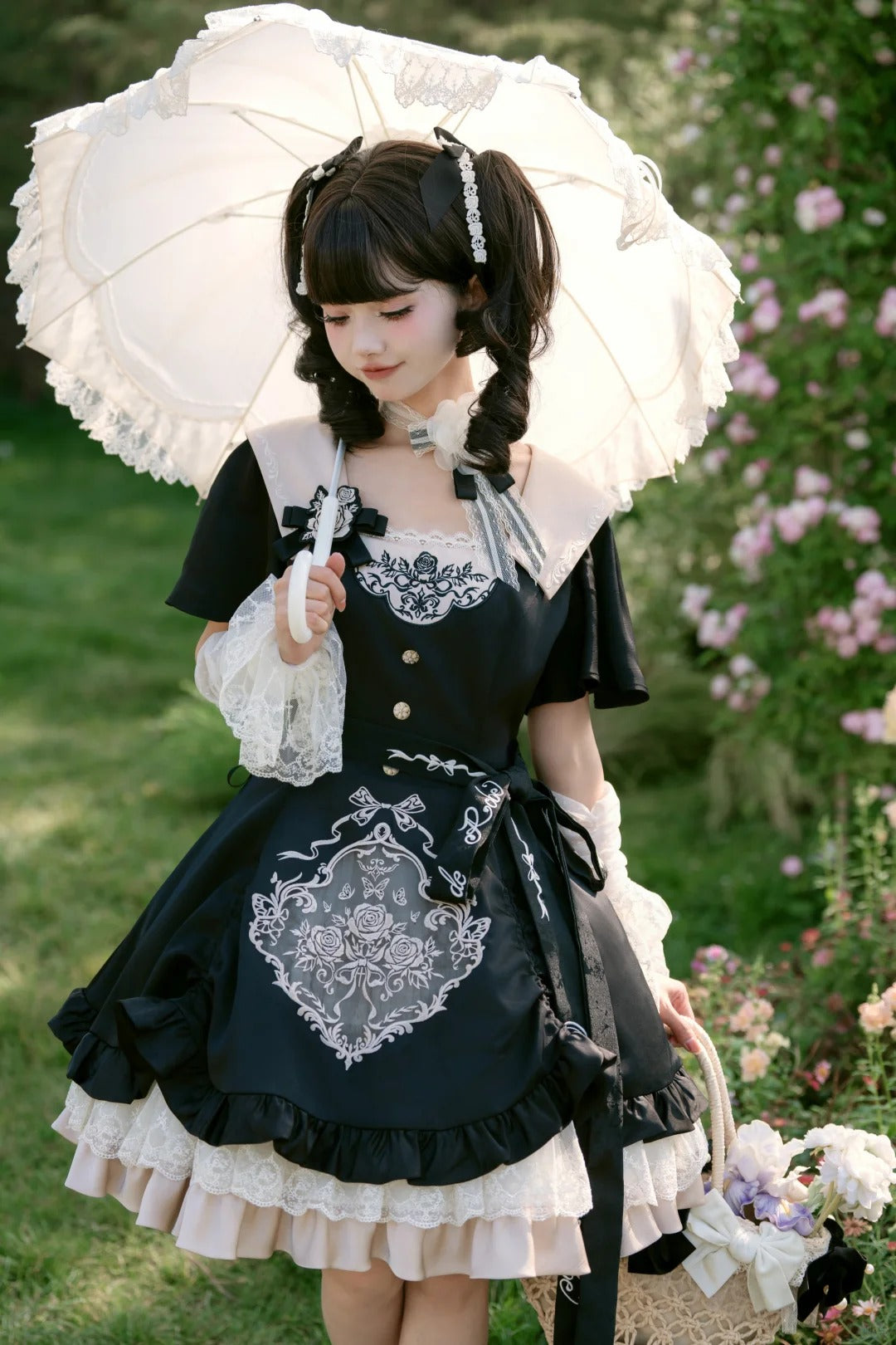 Glaze Floral Realm Lolita Printed Black OP Dress Set