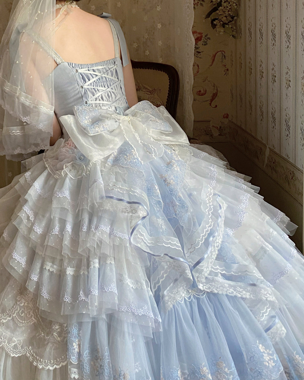 Dream Dance Lolita Bridal Embroidered Blue Boned Corset Dress