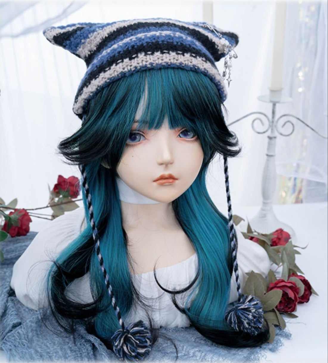 Blue Highlights Long Curly Y2K Wig
