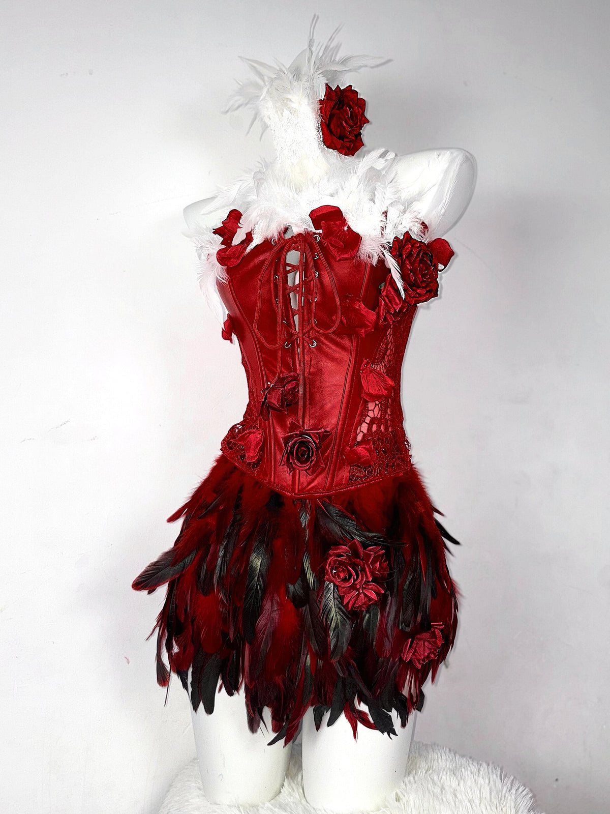 Red and White Roses Gothic Drawstring Feather Corset