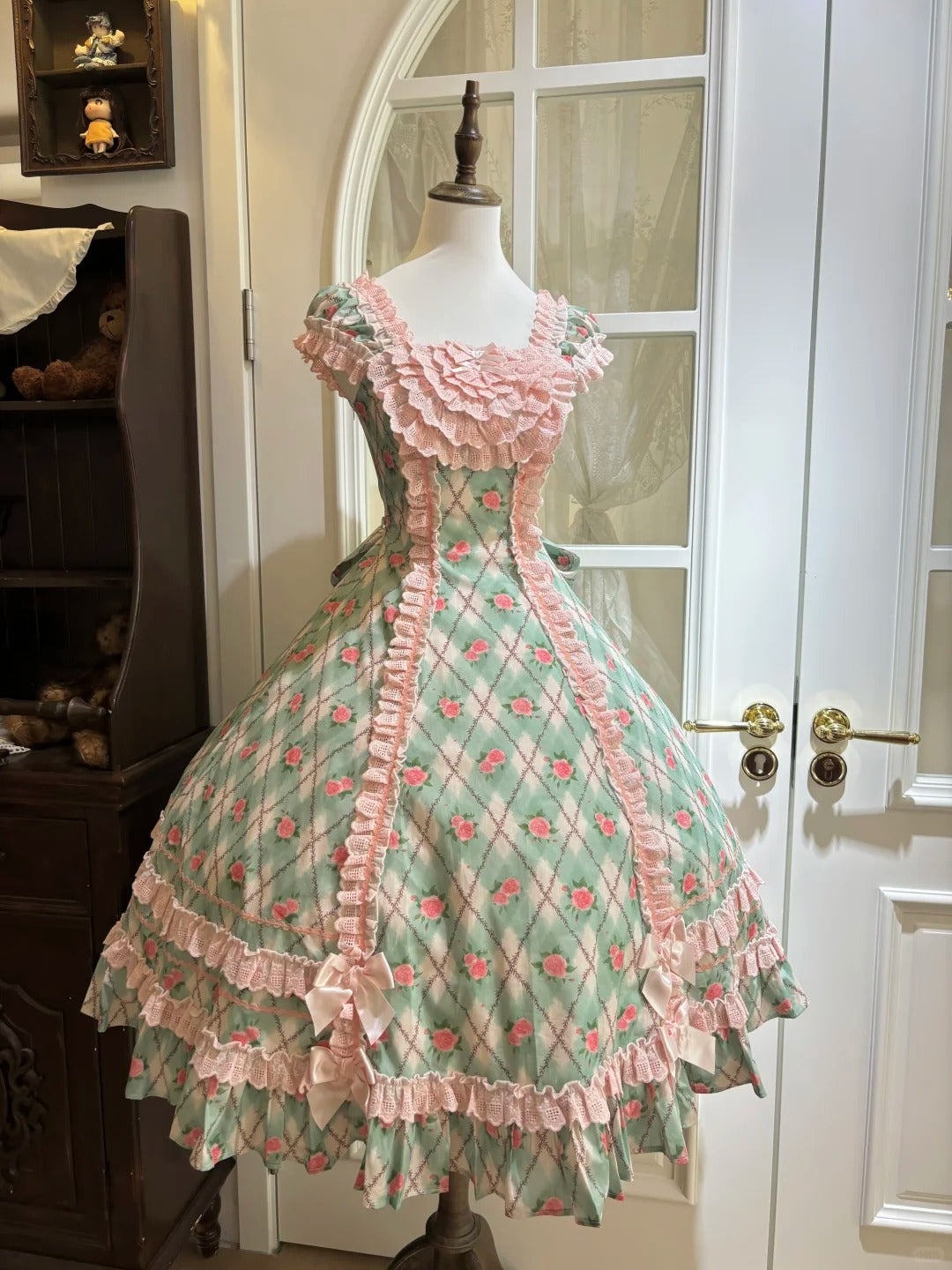 Red Pencil Lolita Vintage Diamond Floral Print Ruffled Pink Green & Black Blue JSK Dress