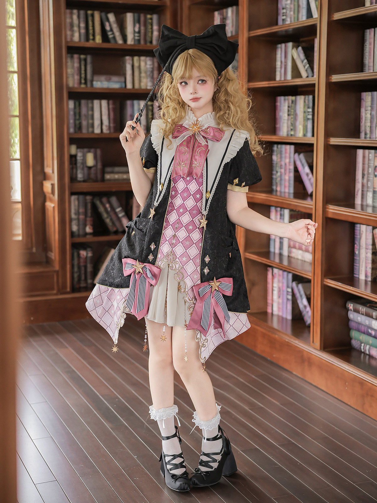 Star Magician Pink Plaid Magic Academy Lolita Coat Dress Set