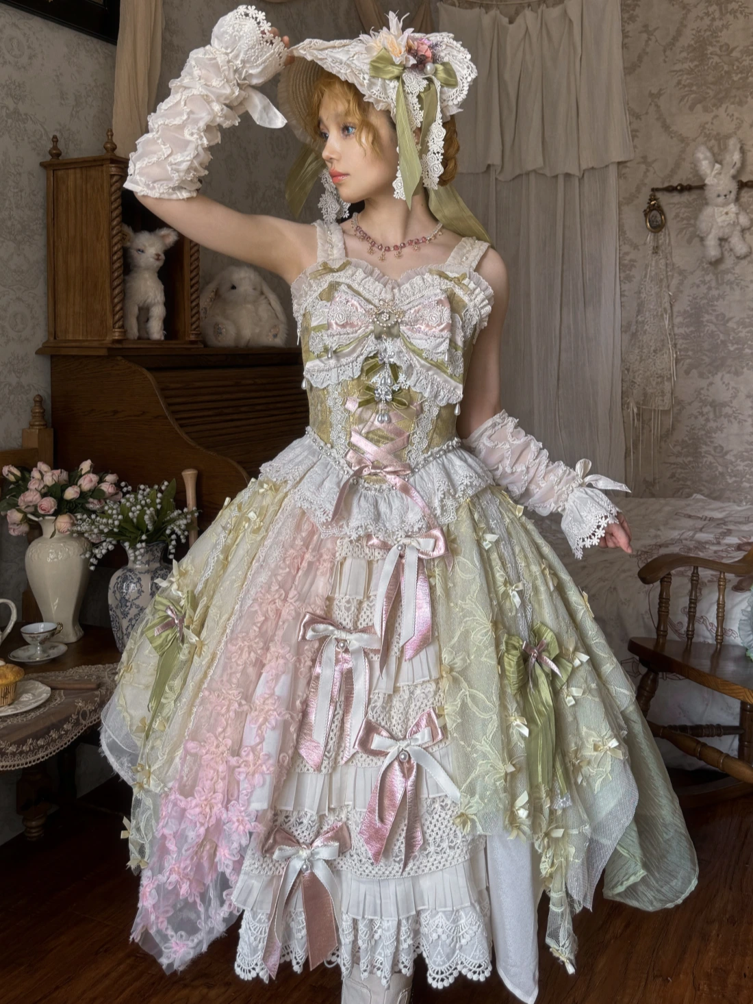Whisper of Spring Field Lolita Original Green Boned Corset & Skirt Set