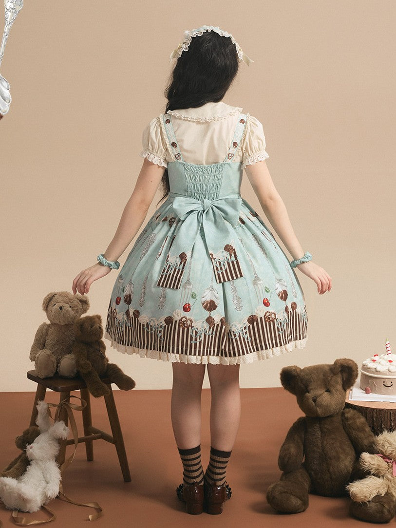 Dessert Sky Blue Chocolate Print Off-center Waist Sweet Lolita JSK