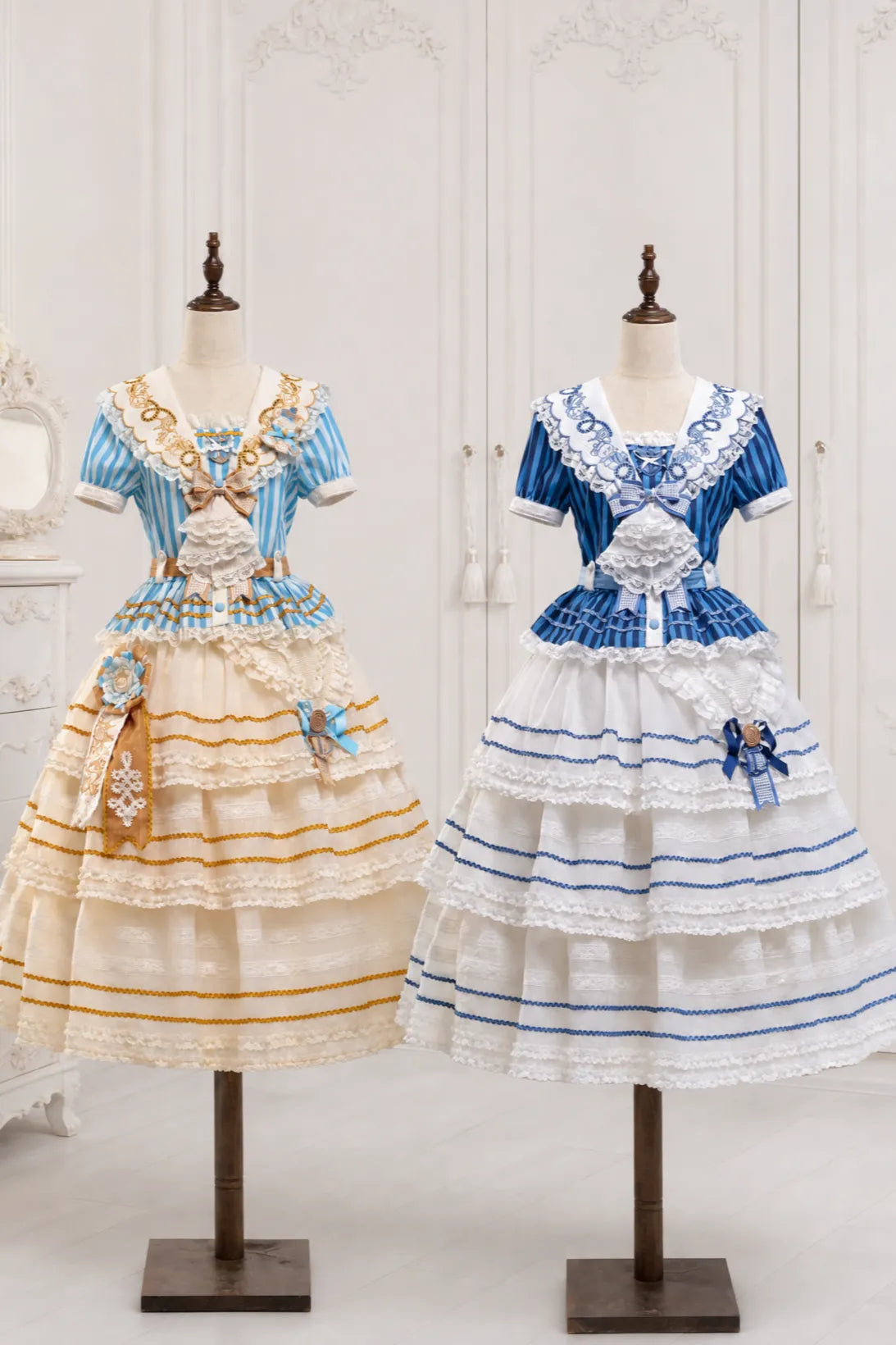 Antique Sailor Bear Blue Stripe Cropped Top Long Skirt Lolita Set