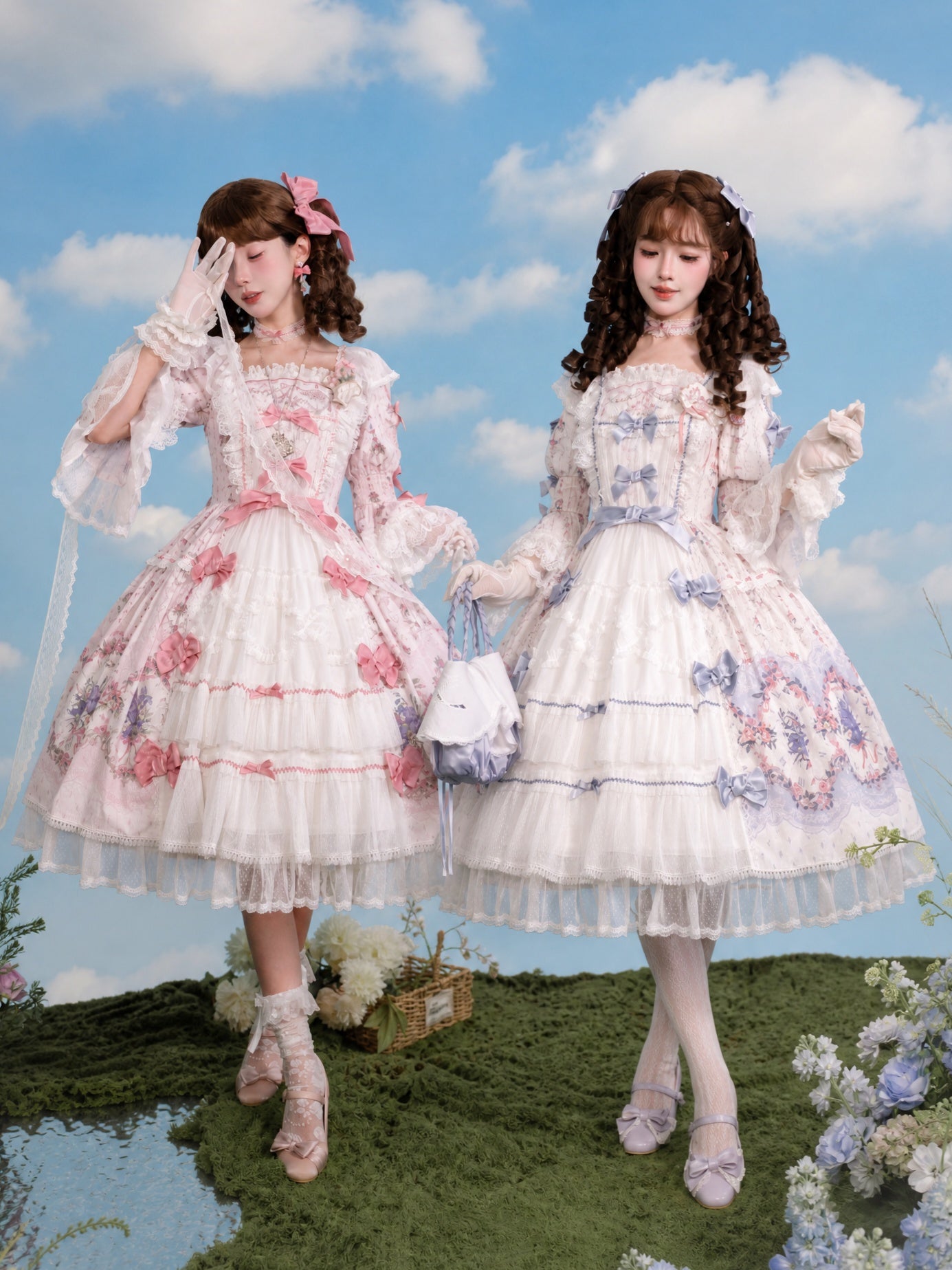 Iris Clock Floral‑Wall Front‑Opening Lolita Hime‑Sleeve Dress