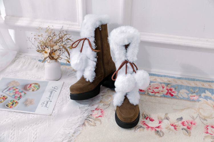 Sweet Lolita Faux Fur Pom Pom Christmas Block Heel Snow Boots
