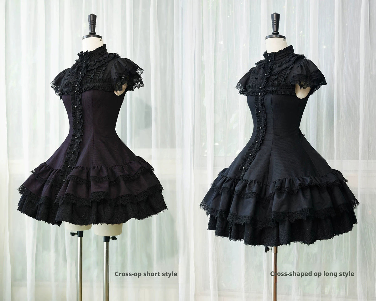 Leanna Black Gothic Lolita Cross Lace OP Dress in Two Lengths