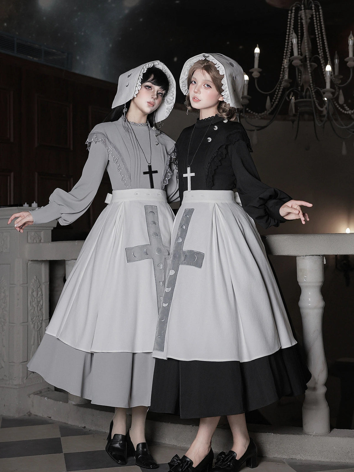 Moon Phase Lolita Gothic Lace High Collar Apron OP Dress