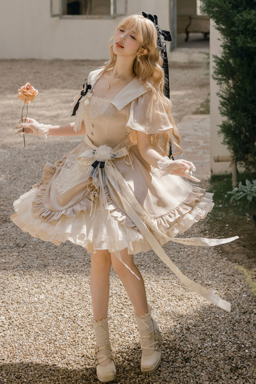 Glaze Floral Realm Lolita Printed Champagne OP Dress Set
