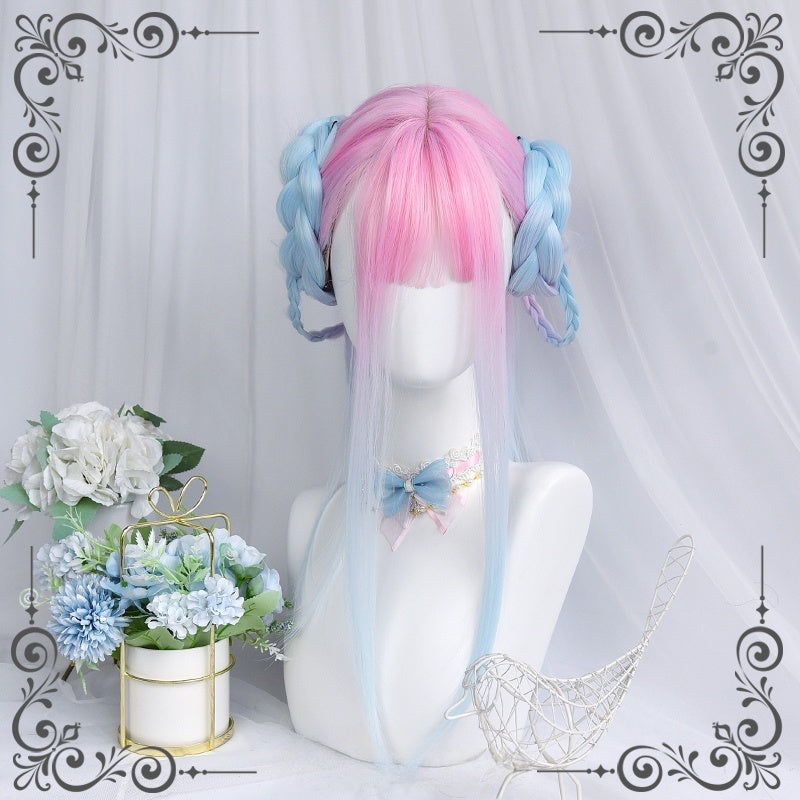 Long Straight Pink to Blue Mixed Color kawaii Wig