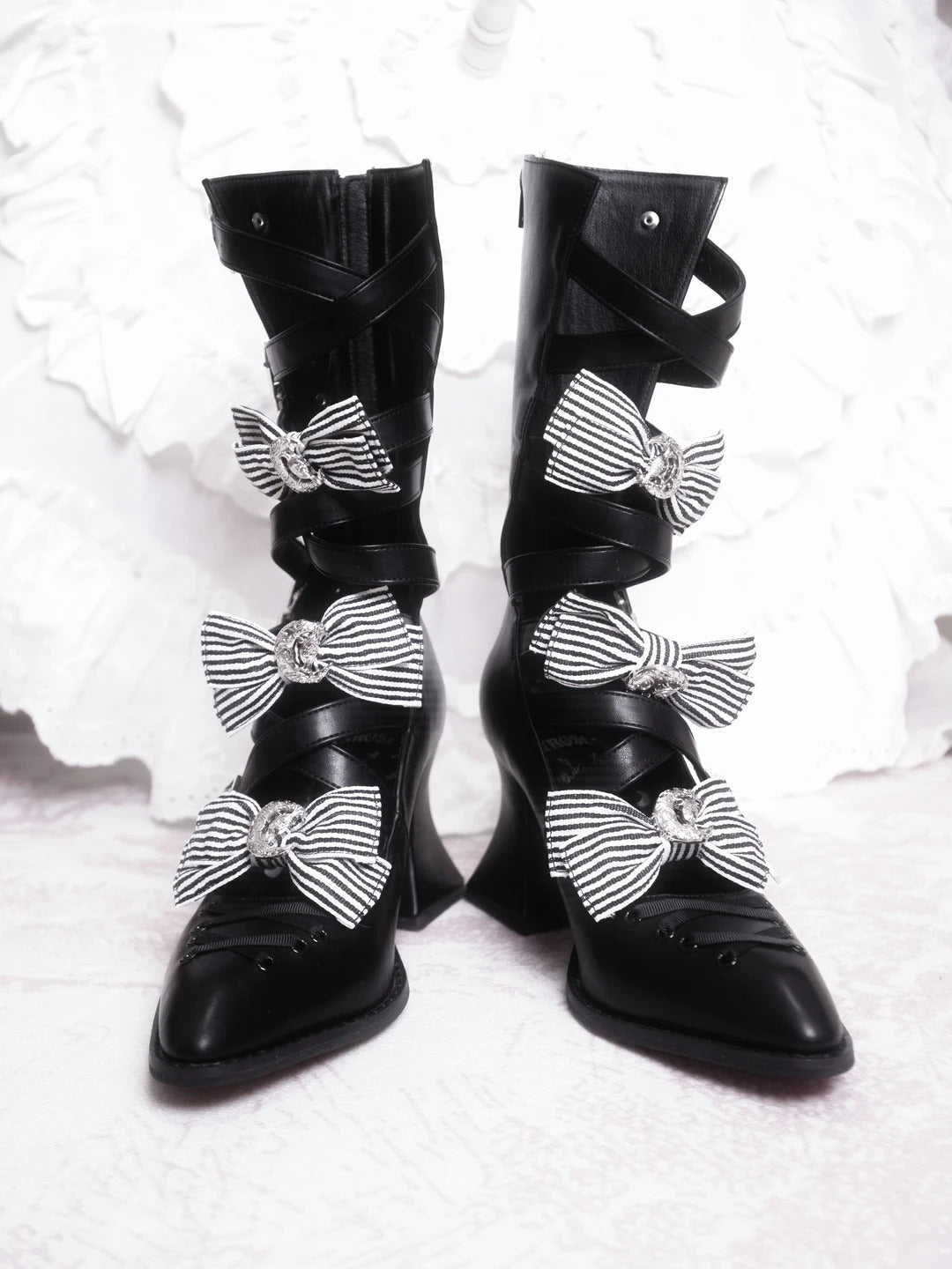 Moon Crow Cross Heels Gothic Lace-Up Pointed Half Cutout Boots