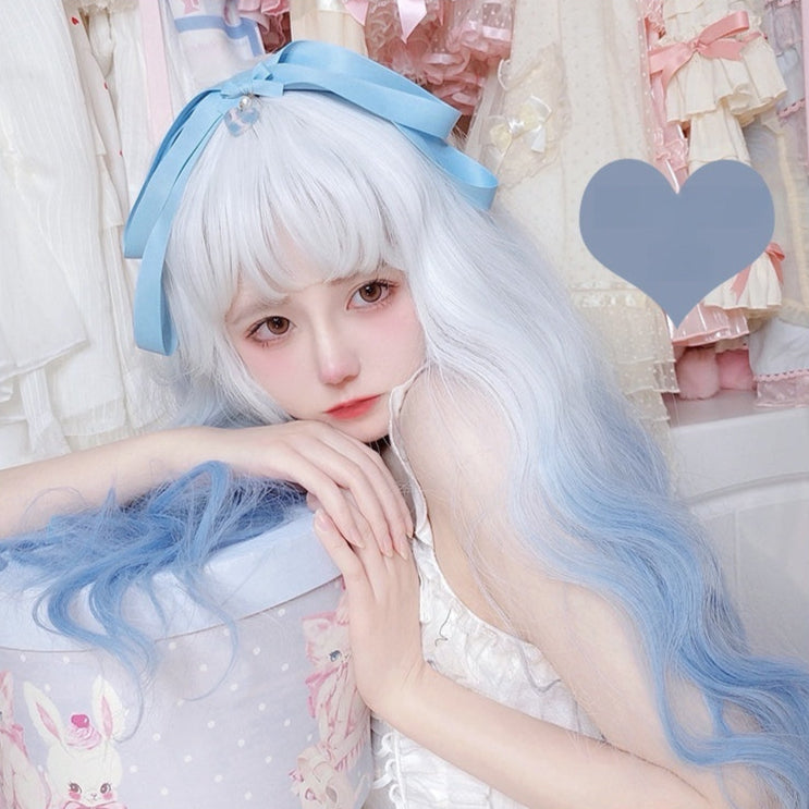 Long White Blue Mixed Color Wavy Wig