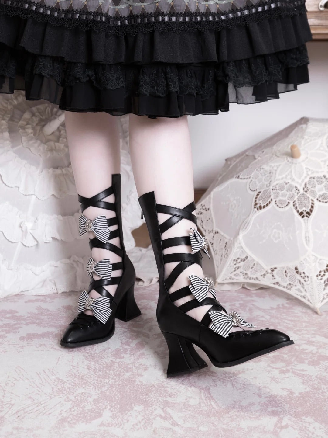 Moon Crow Cross Heels Gothic Lace-Up Pointed Half Cutout Boots