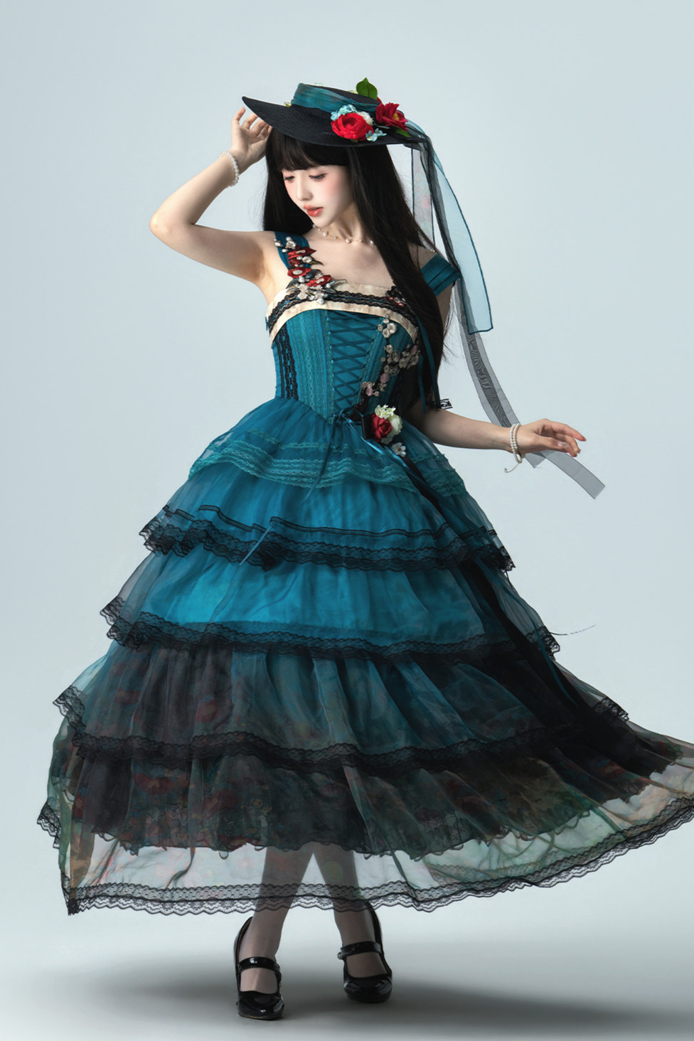 Misty New Dawn Peacock Blue Classic Lolita Long JSK Tea Party Set