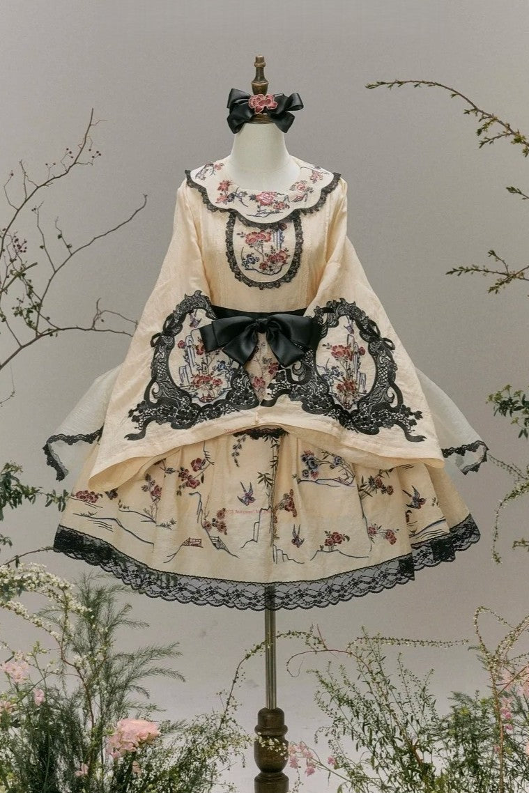 Floral Bird Amber Beige Hanfu Lolita JSK Dress Set